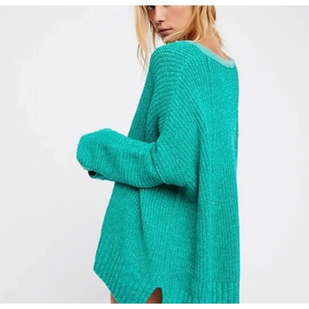 Free People Oversized V Neck Distressed Knit Sweater Teal‎ Green XS